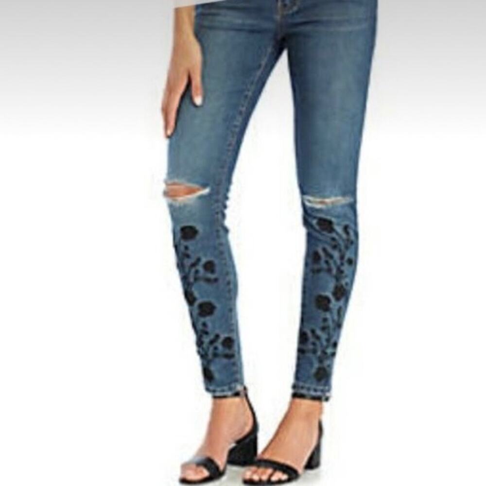 Ashley Mason Blue Floral Distressed Denim Skinny Jeans Junior's Size 1